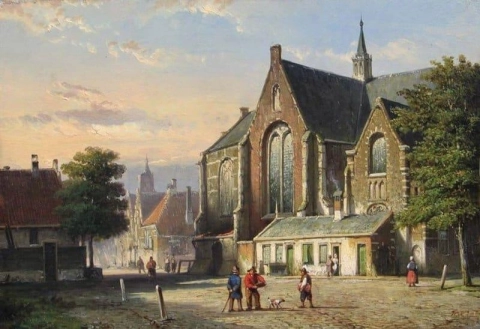 Figuren op een kerkplein