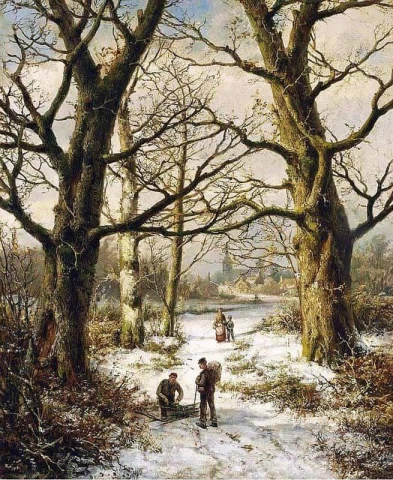 Figures On A Wintry Country Lane A Village In The Distance