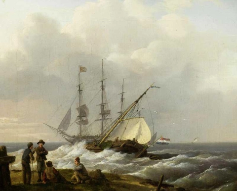 Fiskare på stranden med fartyg som seglar bortom 1825