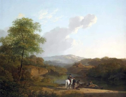 Landschaft. Ein Reiter und Kaufleute unterhalten sich in der Nähe eines Flusses, 1825