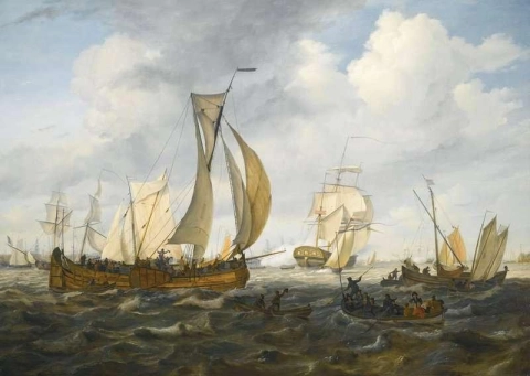 Navios no Ij com o Westertoren à distância 1819