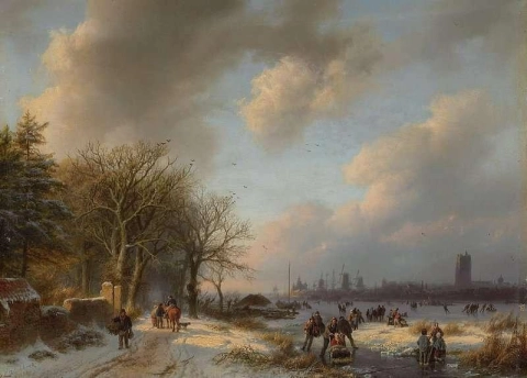 Schaatsers op een waterweg met een Koek-en-zopie na 1854