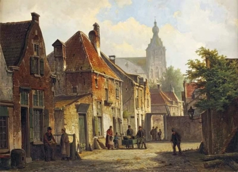 Townsfolk In A Sunlit Street With A Church Beyond