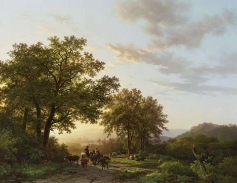 Reizigers met vee en ezels op een zonovergoten pad in een Rijnlands panoramisch landschap, 1840