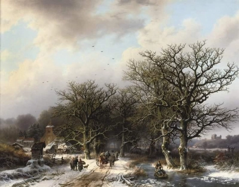 Dorpelingen op een bebost pad nabij een met sneeuw bedekt dorp, 1855