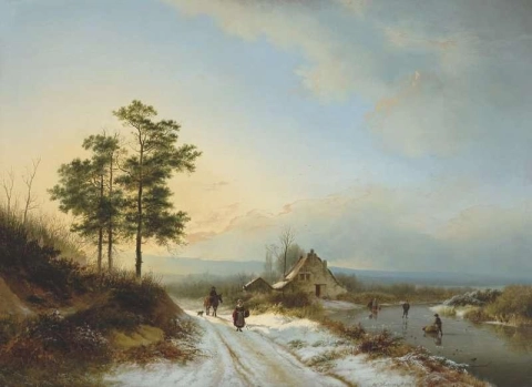 Paisaje invernal con una figura en un camino y figuras sobre hielo 1835