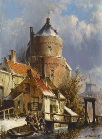 Winter Townscape With Old Fortress Tower