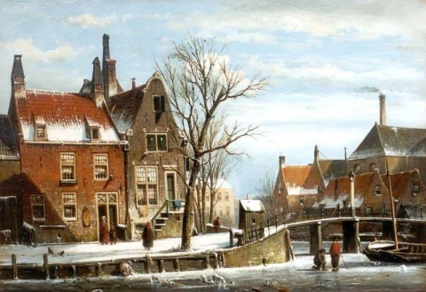 Winters Stadsgezicht Met Figuren In De Buurt Van Een Brug