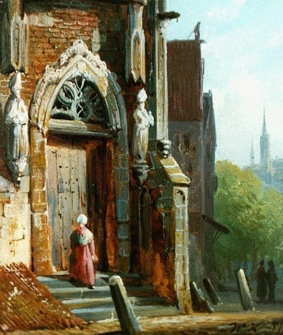 Woman On The Stairs Of A Church