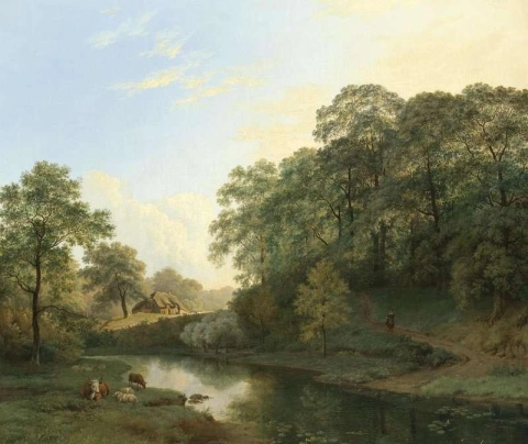 Wooded Landscape With A Figure And Livestock By A River A Thatched Cottage In The Distance