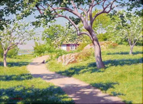 Blommande Appeltrad Med Rod Stuga Och Pickande Hons 1920