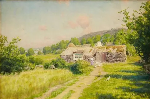 Девушка Och Honor I Sommarlandskap Med Ryggasstuga 1912