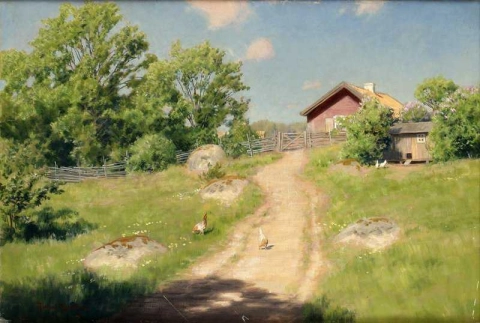 Summer Landscape With Picking Chickens