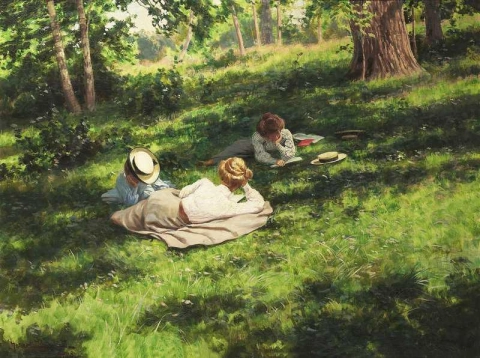 Tres mujeres leyendo en un paisaje de verano