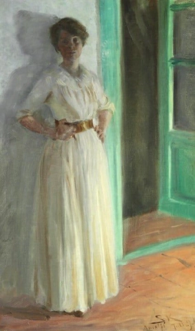 María Kroyer. Retrato de cuerpo entero. Tarde con luz de lámpara en la terraza.