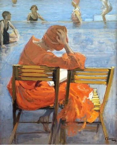 Ragazza in abito rosso accanto a una piscina 1922