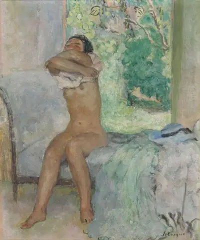 Nudo seduto togliendosi la camicia