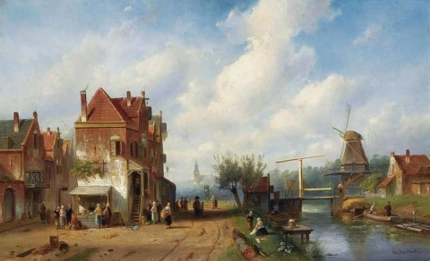 A Busy Town Scene Near A Canal