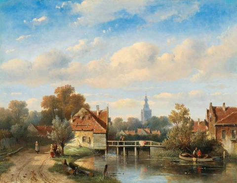 En nederlandsk by ved elvebredden med dekorative figurer 1850