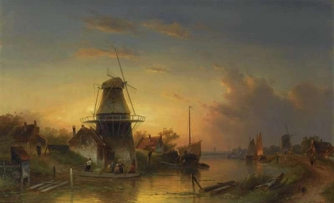 Eine Flusslandschaft mit einer Windmühle in der Abenddämmerung