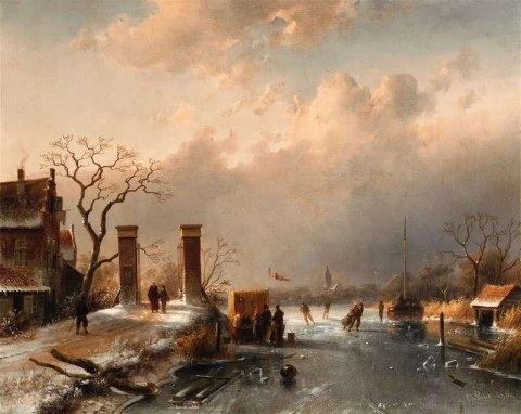 Un paisaje de pueblo con patinadores 1864