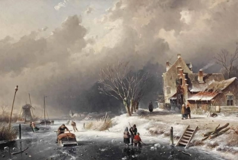 Uma paisagem de inverno com figuras em um canal congelado, 1861