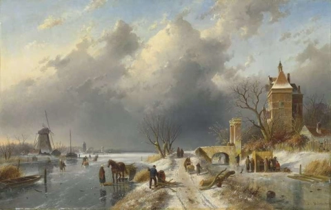 Un paisaje invernal con figuras sobre el hielo 1895