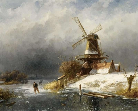 Een winterlandschap met schaatsers bij een windmolen