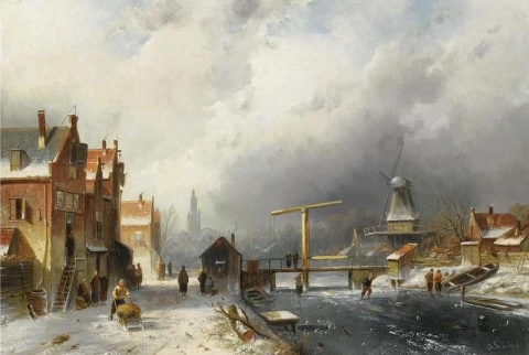 A Wintry Dutch Town With Skaters On A Frozen Canal