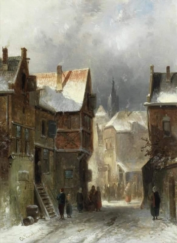 Figures Gathering In A Snowy Street