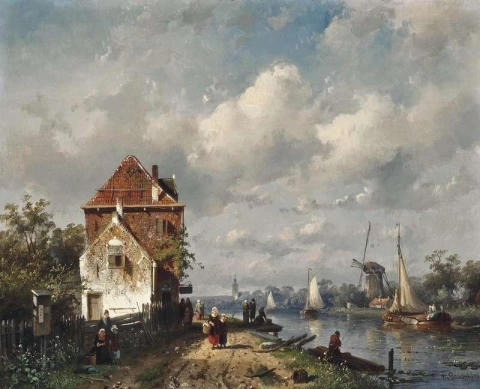 Figures Strolling By A Dutch Canal 1859