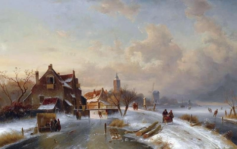 Eisläufer und ein Koek En Zopie in der Nähe einer winterlichen niederländischen Stadt 1899