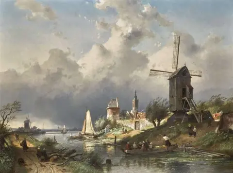 Flusslandschaft mit Windmühle 1868