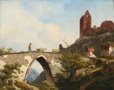 Utsikt fra Hammershus på Bornholm med en hyrde som krysser en bro 1856