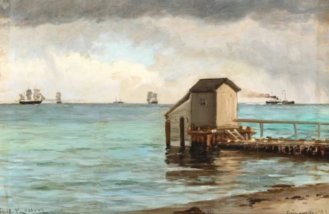 Utsikt från en strand i bakgrunden ön Hveen Danmark 1892