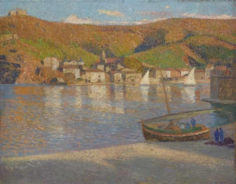 Vijf vissers en hun gestrande boot op de Greve Collioure, ca. 1930