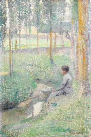 Kvinne sitter på bredden av en bekk ca. 1894