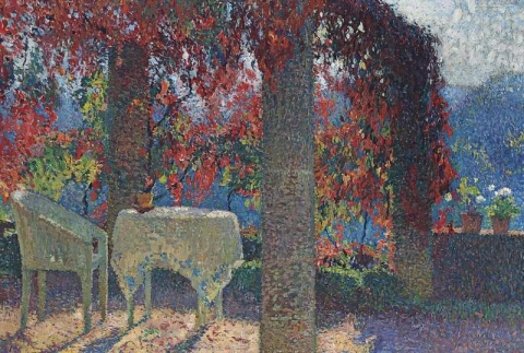 De pergola van de Marquayrol-keuken op een herfstochtend, ca. 1920