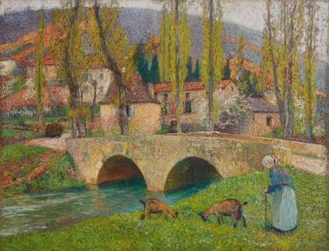 老妇人牵着两只山羊在 La Bastide Du Vert 桥附近，Ca. 1900-05