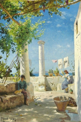 Mor og barn i en loggia Capri 1889