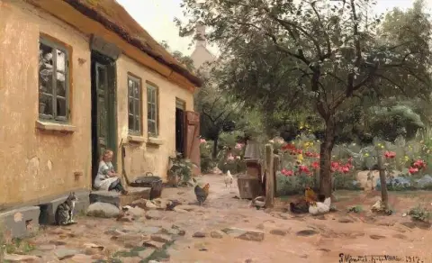 Día de verano detrás de una granja. Una niña sentada en las escaleras 1917