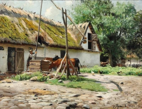 Солнечный день на ферме с мальчиком, качающим воду для коров, 1904 г.