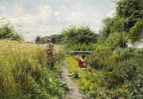 To unge kvinner plukker blomster på en solrik sommerdag 1902