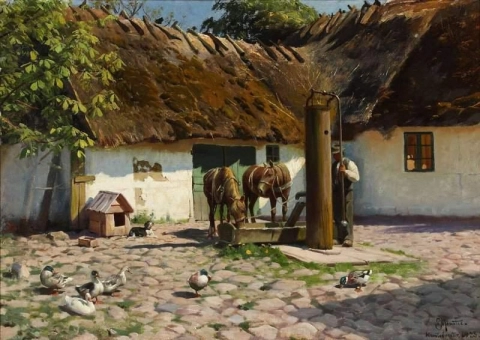 Uitzicht vanaf een binnenplaats met paarden die water drinken uit een put, 1923