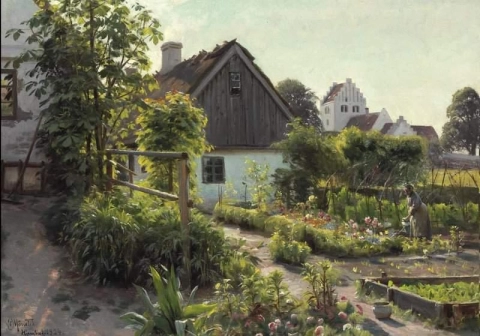 Uitzicht vanaf Hjemb K in de zomer met een oude vrouw die bloemen water geeft, 1924