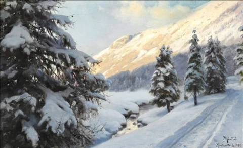 Winterlandschap in Morteratsch in Zwitserland 1920