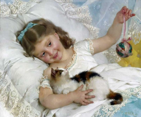 Menina brincando com gatinho 1882