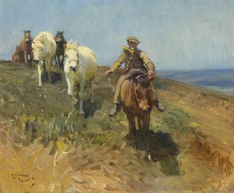 Reker som leder ponnier over Ringland Hills Norfolk 1911