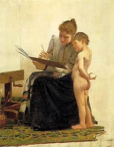 La signora Peel al cavalletto con la figlia