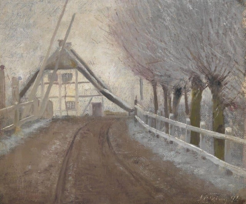 Der Bahnübergang am LA Ring S Childhood Home in Ring. Frostiger Nebel 1890